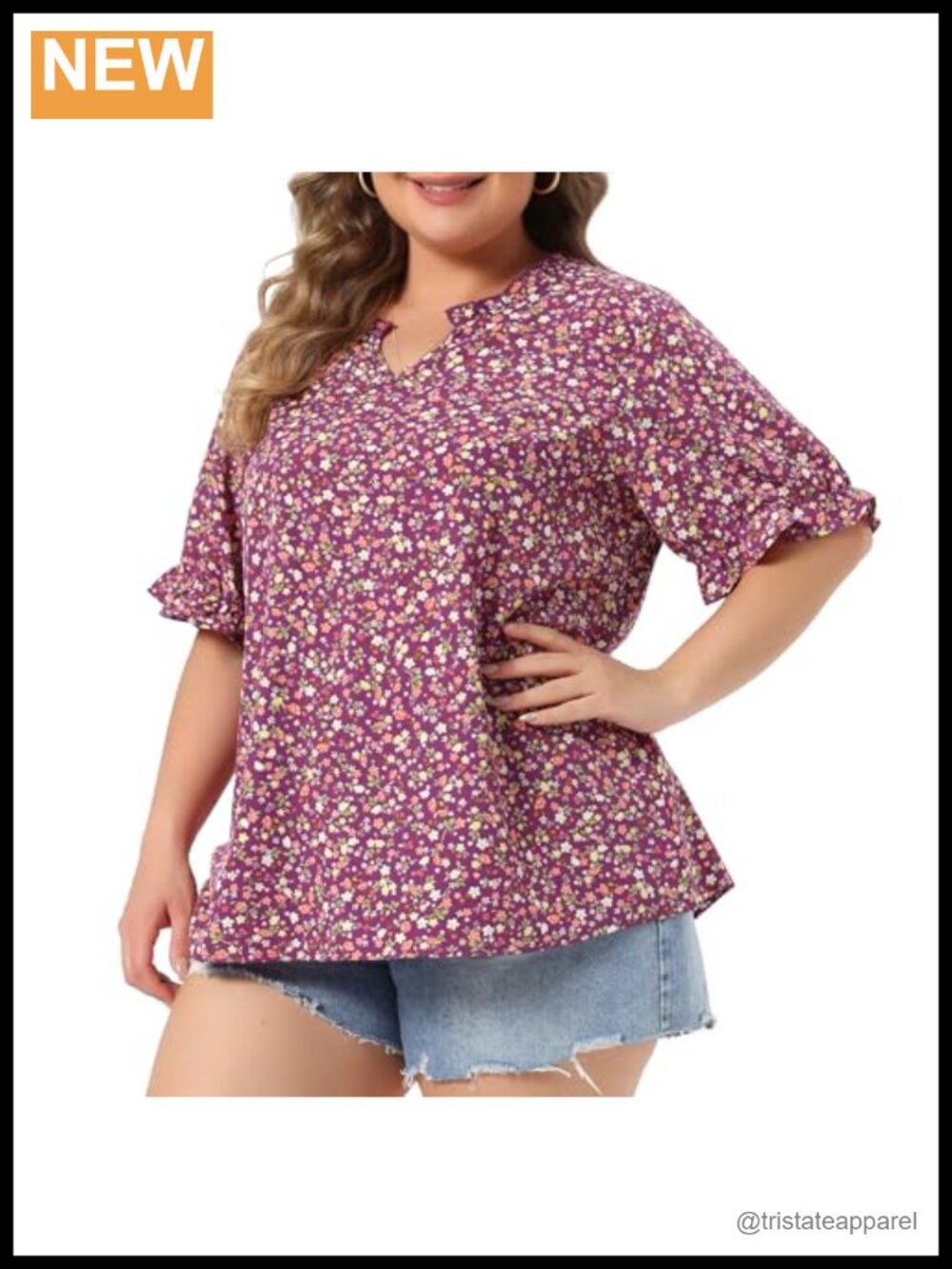 Plus Size Floral V Neck Ruffle Puff Short Sleeve Blouse Top Summer Casual